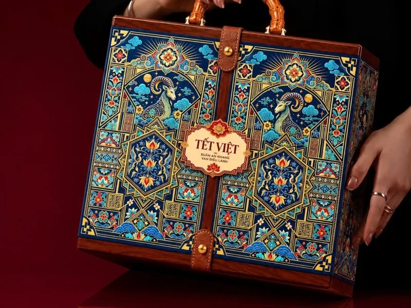 Mẫu hộp CC-01 Tết Việt, Xanh navy, hoạ tiết dê, quai tre, nẹp da