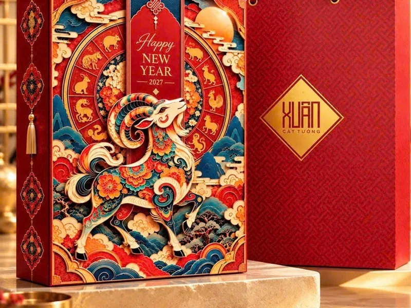 Mẫu hộp PT-05 Happy New Year 2027, Đỏ, kèm túi Xuân Cát Tường