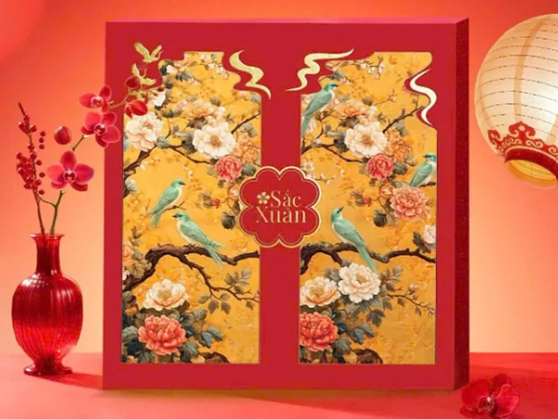 Mẫu hộp TC-04 Sắc Xuân, Đỏ, chim hoa nền vàng
