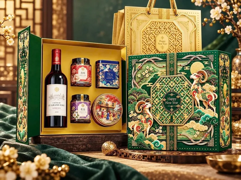 Mẫu hộp TC-07 Happy New Year, Xanh lục, hoạ tiết dê, kèm túi vàng